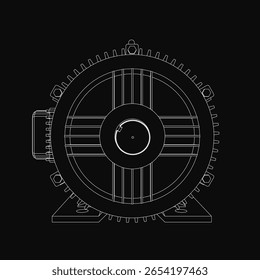 Um desenho de contorno 3D preto e branco de um motor elétrico com componentes detalhados, isolado em um fundo escuro. A ilustração técnica destaca a estrutura mecânica do motor, inclusive.