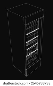 Black and white 3D contour model of a refrigerator featuring a transparent glass door, revealing neatly arranged bottles inside. The clean lines and monochrome style emphasize a modern, minimalist.
