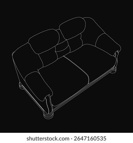 O modelo de sofá preto e branco 3D com contorno branco nítido destaca-se contra um fundo escuro. O design minimalista apresenta linhas limpas e uma estética moderna, perfeita para interiores contemporâneos.