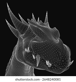 Uma cabeça de dragão 3D preto e branco com picos afiados e escalas detalhadas, situado contra um fundo misterioso escuro. A expressão feroz e texturas intrincadas criam uma criatura mítica impressionante.