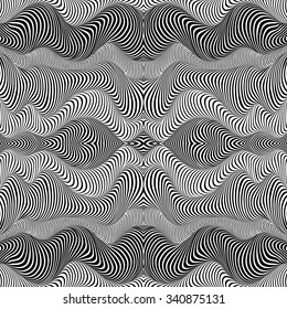 Black and white 3d effect wavy stripes vector abstract seamless pattern