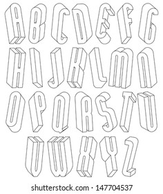 Black and white 3d font made with thin lines, single color simple tall letters alphabet, best for use in web design and advertising, for use in headlines, elegant symbols with good style.