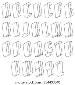 Fuente 3d en blanco y negro hecha con líneas delgadas, alfabeto de letras simples de un solo color, mejor para uso en diseño web y publicidad, para uso en titulares, símbolos elegantes con buen estilo.