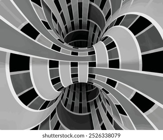  Black and white. 3d Geometric design.Line art optical art. Psychedelic background. Monochrome background. Optical illusion style. Black dark background.