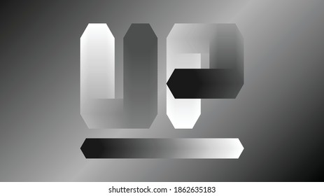 Black and white 3d gradient custom letter font design UP on grey dimensional background