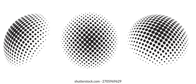 Schwarz-Weiß 3D Halbton verzerrte Kugel Formen. Abstrakte Punktmuster verworfene geometrische Elemente für modernes Design und Branding.