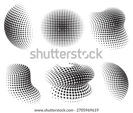 Black and White 3D Halftone Distorted Sphere Shapes. Abstract Dot Pattern Warped Geometric Elements for Modern Design and Branding.