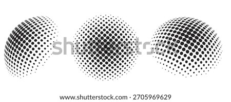 Black and White 3D Halftone Distorted Sphere Shapes. Abstract Dot Pattern Warped Geometric Elements for Modern Design and Branding.