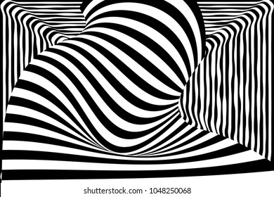 Black white 3d line distortion illusion design. Vector monochrome background. Geometric stripped pattern illustration art. Modern swirl curve tunnel cover. Woman body figure.