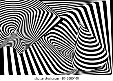 Black white 3d line distortion illusion design. Vector monochrome background. Geometric stripped pattern illustration art. Modern swirl curve tunnel cover. Cone circle shape.