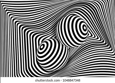 Black white 3d line distortion illusion design. Vector monochrome background. Geometric stripped pattern illustration art. Modern swirl curve tunnel cover. Ball circle shape.
