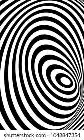 Black white 3d line distortion illusion design. Vector monochrome background. Geometric stripped pattern illustration art. Modern swirl curve tunnel cover.