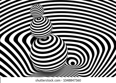 Black white 3d line distortion illusion design. Vector monochrome background. Geometric stripped pattern illustration art. Modern swirl curve tunnel cover. Ball circle shape.