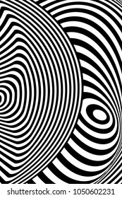 Black white 3d line distortion illusion design. Vector monochrome background. Geometric stripped pattern illustration art. Modern swirl curve tunnel cover. Lines circle shape.