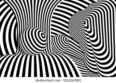 Black white 3d line distortion illusion design. Vector monochrome background. Geometric stripped pattern illustration art. Modern swirl curve tunnel cover. Ball circle shape.