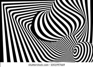 Black white 3d line distortion illusion design. Vector monochrome background. Geometric stripped pattern illustration art. Modern swirl curve tunnel cover. Ball circle shape.