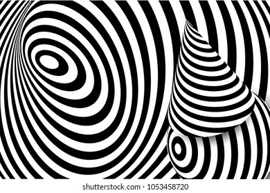 Black white 3d line distortion illusion design. Vector monochrome background. Geometric stripped pattern illustration art. Modern swirl curve tunnel cover. Ball circle shape.