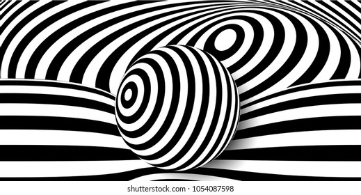Black white 3d line distortion illusion design. Vector monochrome background. Geometric stripped pattern illustration art. Modern swirl curve tunnel cover. Ball circle shape.