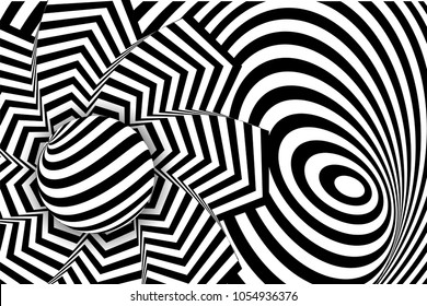 Black white 3d line distortion illusion design. Vector monochrome background. Geometric stripped pattern illustration art. Modern swirl curve tunnel cover. Ball circle shape.