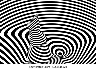 Black white 3d line distortion illusion design. Vector monochrome background. Geometric stripped pattern illustration art. Modern swirl curve tunnel cover. Cone circle shape.