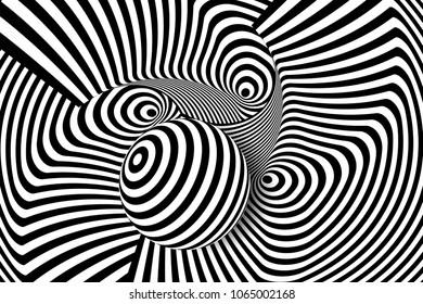 Black white 3d line distortion illusion design. Vector monochrome background. Geometric stripped pattern illustration art. Modern swirl curve tunnel cover. Ball circle shape.