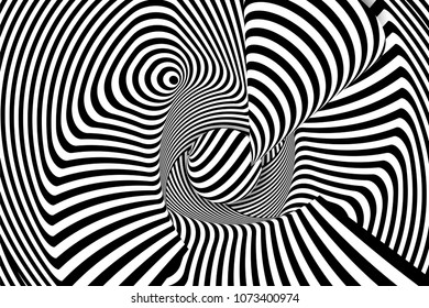 Black white 3d line distortion illusion design. Vector monochrome background. Geometric stripped pattern illustration art. Modern swirl curve tunnel cover. Ball circle shape.
