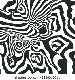 Black and white 3d line distortion illusion design. Geometric stripped pattern illustration art. Modern swirl curve cover. Vector monochrome background. 