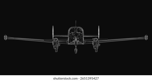 A black and white 3D model of airplane with detailed wings, tail, and cockpit. The realistic rendering stands out against a dark background.