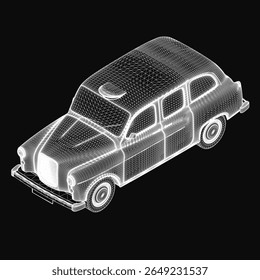 A black and white 3D model of a classic London taxi, rendered in retro style with clean lines and smooth surfaces. The iconic cab stands out against a sleek black background, emphasizing its timeless.