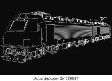 A black and white 3D model of a diesel locomotive with intricate mechanical details, rendered on a dark background for a striking contrast. The illustration highlights the train's powerful design and.