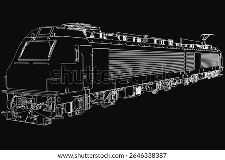 A black and white 3D model of a diesel locomotive with intricate mechanical details, rendered on a dark background for a striking contrast. The illustration highlights the train's powerful design and.