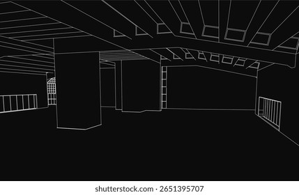 Um desenho de modelo 3D preto e branco de um hangar espaçoso com inúmeras janelas grandes, mostrando precisão arquitetônica. As linhas limpas e o design geométrico destacam a estética industrial.