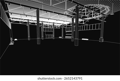 A black and white 3D model of a large industrial hangar featuring multiple windows, tall pillars, and a detailed ceiling.