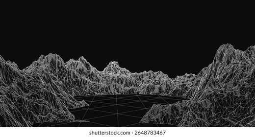 Um modelo 3D preto e branco de uma cadeia de montanhas apresenta formas intrincadas e linhas afiadas contra um fundo escuro. O design abstrato cria um contraste impressionante com sua complexidade geométrica.
