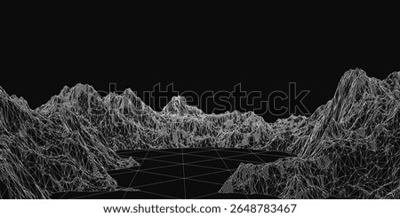 A black and white 3D model of a mountain range features intricate shapes and sharp lines against a dark background. The abstract design creates a striking contrast with its geometric complexity.
