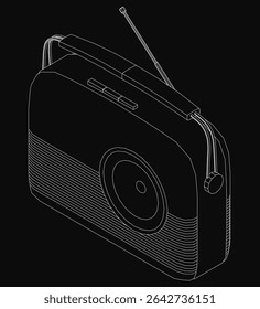 A black and white 3D model of a retro radio with a vintage look, featuring classic design elements and intricate details, set against a sleek black background.