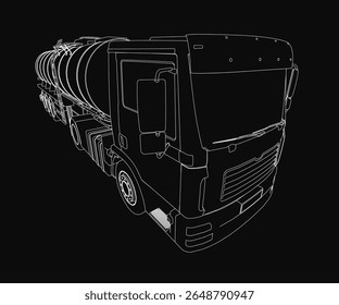 A black and white 3D model of a semi truck with a tank trailer, isolated on a sleek black background. The detailed rendering highlights the truck's rugged design and industrial strength.