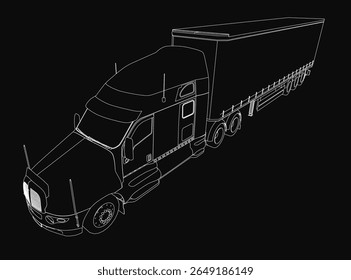 Um modelo 3D preto e branco de um semi caminhão com realismo detalhado, apresentando vagões anexados em um fundo preto elegante. O desenho enfatiza a profundidade e a textura, criando um contraste impressionante.