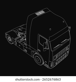 Um modelo 3D preto e branco de um semi caminhão destaca-se contra um fundo escuro. Faróis detalhados, grade e rodas destacam o design realista do caminhão. A ilustração tem um formato elegante.
