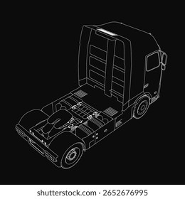Um modelo 3D preto e branco de um semi caminhão se destaca em um fundo escuro, com faróis detalhados, uma grade arrojada e rodas realistas. A ilustração destaca o design poderoso do caminhão.