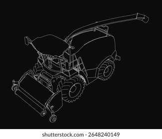 A black and white 3D model of a tractor with detailed headlights, grille, and wheels, set against a solid black background for high contrast. The intricate design highlights mechanical precision