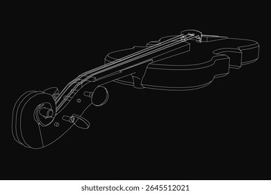 Modelo 3D preto e branco de um violino com detalhes intrincados como cordas, ponte e pinos de afinação, renderizados em um estilo realista. O forte contraste entre o instrumento branco e o fundo preto.