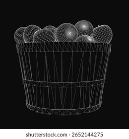 Black and white 3D model of a woven basket filled with fresh apples, oranges, and grapes. The detailed render showcases realistic textures and shadows. Perfect for food-related designs or minimalist.