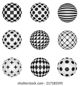 Black and white 3D patterned sphere vector design elements.