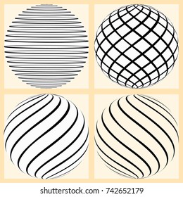 Black and white 3D patterned sphere vector designe elements. Striped 3d circle.