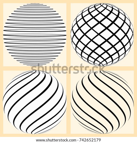 Black and white 3D patterned sphere vector designe elements. Striped 3d circle.