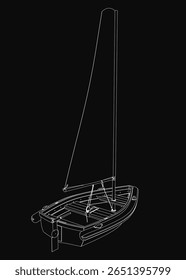 A black and white 3D sailboat glides gracefully with billowing sails and a glistening hull against a dark background. The detailed drawing captures the boat's sleek design and dynamic motion.