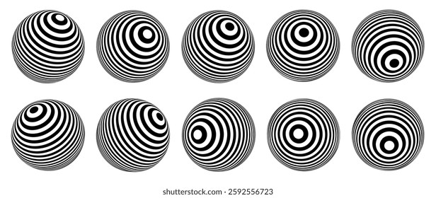 Black and White 3D Spheres with Stripes. Stripe Ball Objects Set. Optical Illusion Lines Pattern Spheres. Abstract Vector Illustration.