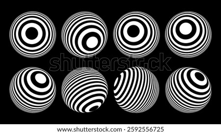Black and White 3D Spheres with Stripes. Stripe Ball Objects Set. Optical Illusion Lines Pattern Spheres. Abstract Vector Illustration.