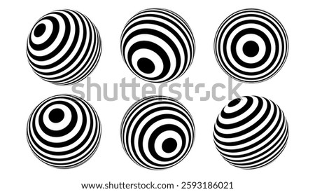 Black and White 3D Spheres with Stripes. Stripe Ball Objects Set. Optical Illusion Lines Pattern Spheres. Abstract Vector Illustration.
